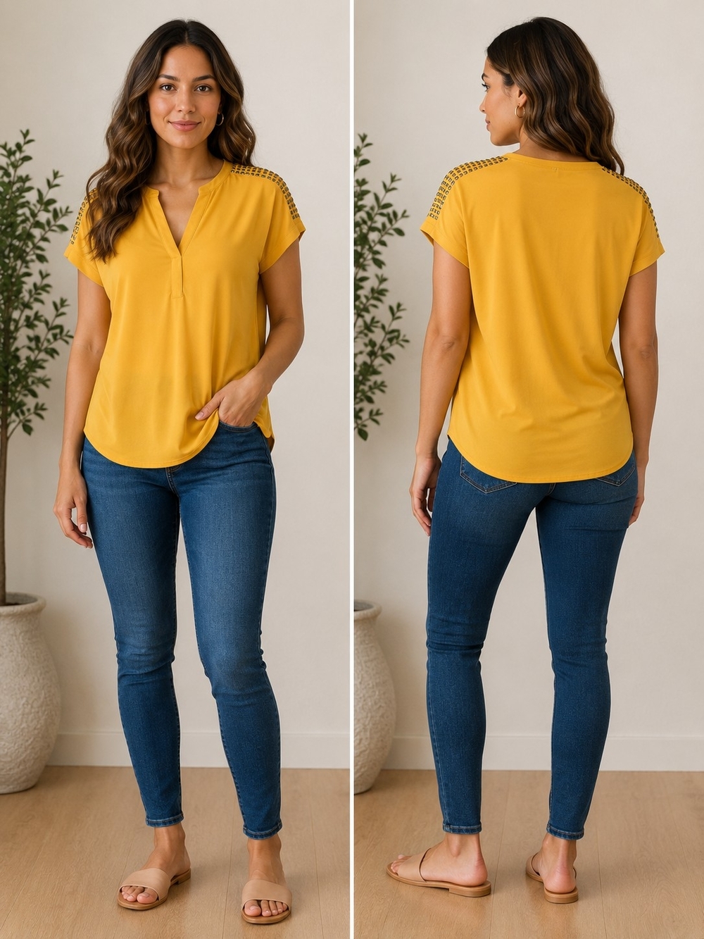 Carmen Marc Valvo Mustard Short Sleeve V-Notch Top with Shoulder Cutwork